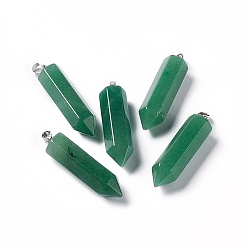 Green Aventurine Natural Green Aventurine Double Terminated Pointed Pendants, with Platinum Tone Brass Findings, Bullet, 39x10x10mm, Hole: 3x6mm