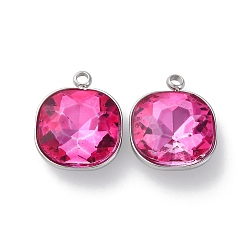 Фуксиновый 304 из нержавеющей стали горный хрусталь подвески, квадратных амулеты, цвет нержавеющей стали, красно-фиолетовые, 16x13x6 мм, отверстие : 1.6 мм