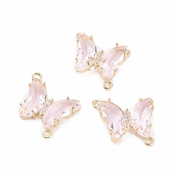 Pink Faceted Glass Cubic Zirconia Links, with Golden Plated Brass Finding, Butterfly, Pink, 21.5x26x4mm, Hole: 1.4mm