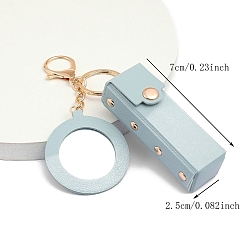 Light Blue PU Leather Lipstick Storage Bags, Portable Lip Balm Organizer Holder for Women Ladies, with Light Gold Tone Alloy Keychain and Mirror, Light Blue, 7x2.5cm
