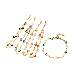 Mixed Color Enamel Flower & Fish Link Chain Bracelet, Vacuum Plating Golden 201 Stainless Steel Bracelet for Women, Mixed Color, 7 inch(17.8cm)