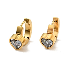 Doré  Boucles d'oreilles créoles coeur en verre transparent, placage ionique (ip) 304 bijoux en acier inoxydable pour femmes, or, 13x17.5x7.5mm, pin: 1 mm