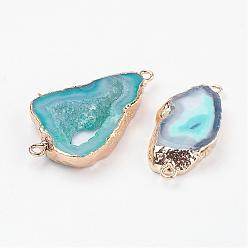 Turquoise Electroplate Natural Druzy Geode Quartz Crystal Links connectors, with Brass Findings, Nuggets, Golden, Turquoise, 22~45x10~35x4~5.5mm, Hole: 2mm