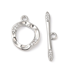 Real Platinum Plated Brass Micro Pave Clear Cubic Zirconia Toggle Clasps, Irregular Ring, Real Platinum Plated, Ring: 17.5x13x2.5mm, Hole: 1.8mm, Bar: 24.5x5x2mm, Hole: 1.8mm