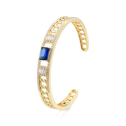 Medium Blue Cubic Zirconia Rectangle Open Cuff Bangle, Golden Brass Jewelry for Women, Nickel Free, Medium Blue, Inner Diameter: 2-1/8 inch(5.4cm)