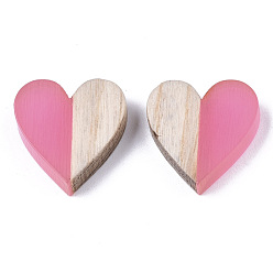 Flamingo Resin & Wood Two Tone Cabochons, Heart, Flamingo, 15x14.5x3mm