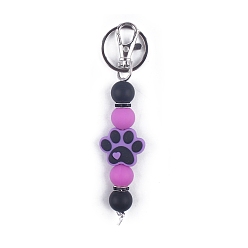 Medium Orchid Round & Dog Paw Print Silicone Beaded Keychain, with Iron Findings, for Car Backpack Pendant Accessories, Medium Orchid, 11.5cm