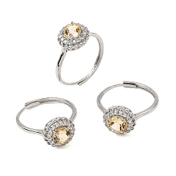 Quartz Jaune Micro cuivres ouvrent zircons bagues, ronde, avec quartz jaune naturel, platine, plat rond: 11x11 mm, diamètre intérieur: 18 mm