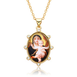 Black Religion Theme Resin Oval with Rhinestone Pendant Necklace, Golden Brass Necklace, Black, 19.69 inch(50cm)