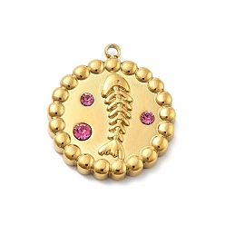 Розовый 304 из нержавеющей стали горный хрусталь подвески, плоский круглый с подвесками в виде рыбьей кости, ионное покрытие (ip), реальный 14 k позолоченный, светло-розовый, 20.5x18x3 мм, отверстие : 1.4 мм