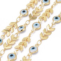 Real 18K Gold Plated Handmade Brass Cobs Chains, with Evil Eye Enamel Links and Spool, Soldered, Long-Lasting Plated, Real 18K Gold Plated, 7x6x1.6~2mm and 13x6.5x2.5mm . about 32.8 Feet(10m)/roll