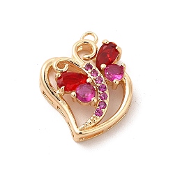 Fuchsia Brass with K9 Glass Pendants, Golden Peach Hearts with Butterfly Charms, Fuchsia, 18x14.8x5mm, Hole: 1.4mm
