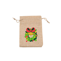 Christmas Wreath Rectangle Christmas Themed Burlap Drawstring Gift Bags, Gift Pouches for Christmas Party Supplies, BurlyWood, Christmas Wreath, 14x10cm