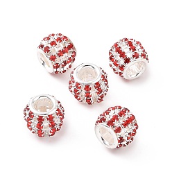 Light Siam Brass Rhinestone European Beads, Large Hole Beads, Rondelle, Silver Metal Color, Light Siam, 12x10mm, Hole: 4mm