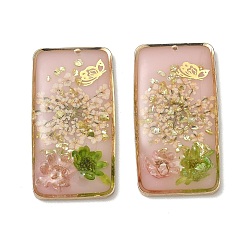 Pink Plating Brass & Transparent Epoxy Resin & Dried Flower Pendants, Rectangle with Flower & Butterfly Pattern Charm, with Glitter Powder, Pink, 32x17x5mm, Hole: 0.9mm