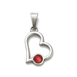 Рубин 304 подвески из нержавеющей стали, со стразами, сердце, цвет нержавеющей стали, рубин, 21.5x14x3 мм, отверстие : 7x3 мм