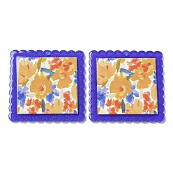 Colorful Opaque Acrylic Pendants, Square with Flower, Colorful, 34.5x34.5x2mm, Hole: 1.6mm
