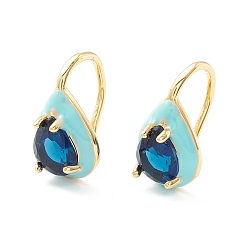 Marine Blue Teardrop Cubic Zirconia Dangle Earrings with Enamel for Women, Real 18K Gold Plated Brass Earrings, Cadmium Free & Nickel Free & Lead Free, Marine Blue, 15.5x9mm, Pin: 1mm