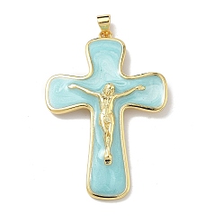 Темно-Голубой Латунь эмаль подвески, крест прелести, долговечный, без кадмия и без свинца, стойки покрытие, реальный 18 k позолоченный, глубокое синее небо, 46x31x5 мм, отверстие : 3.5x5 мм