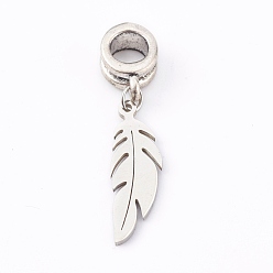 Antique Silver 304 Stainless Steel European Dangle Charms, Large Hole Pendants, for Halloween, with Alloy Tube Bails, Feather, Antique Silver, 23mm, Hole: 4.5mm, feather: 20x6x1mm