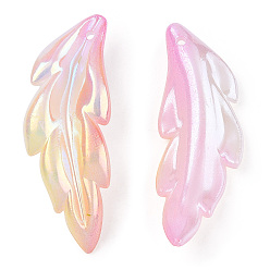 Pink Transparent Acrylic Pendants, AB Color Plated, Feather Charm, Pink, 40x14.5x5mm, Hole: 1.5mm, about 450pcs/500g