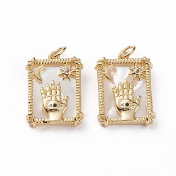 Real 18K Gold Plated Brass Micro Pave Clear Cubic Zirconia Pendants, with Shell & Jump Rings, Rectangle with Hand & Star & Moon, Real 18K Gold Plated, 19.5x14.5x3.5mm, Jump Ring: 5.5x1mm, 3.5mm Inner Diameter
