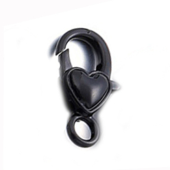 Black Alloy Lobster Claw Clasp, Heart Shape, Black, 26.6x14.2x6.5mm, about 10pcs/bag