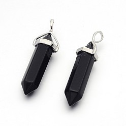 Black Stone Synthetic Black Stone Bullet Double Terminated Pointed Pendants, with Platinum Plated Alloy Findings, 38~41x13x10mm, Hole: 5x3mm