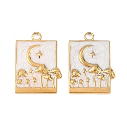 Белый 304 нержавеющей стальной эмали подвески, прямоугольник с подвесками в виде луны и гриба, ионное покрытие (ip), реальный 18 k позолоченный, белые, 25x18x2.5 мм, отверстие : 2.5 мм