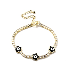 Black Flower with Evil Eye Enamel Link Bracelet with Clear Cubic Zirconia Tennis Chains, Gold Plated Brass Jewelry for Women, Cadmium Free & Lead Free, Black, 6-7/8 inch(17.5cm)