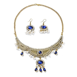 Royal Blue ABS Plastic Pearl & Rhinestone Oval Jewelry Set, Golden Alloy Bib Necklace & Chandelier Earrings, Royal Blue, 455mm, 51x24mm