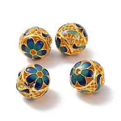 Teal Hollow Alloy Beads, with Enamel, Round with Flower, Matte Gold Color, Teal, 14mm, Hole: 2mm