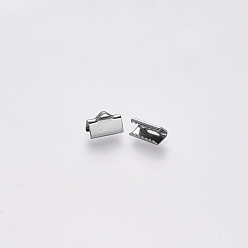Stainless Steel Color 304 Stainless Steel Ribbon Crimp Ends, Stainless Steel Color, 7x10mm, Hole: 1.5x2mm