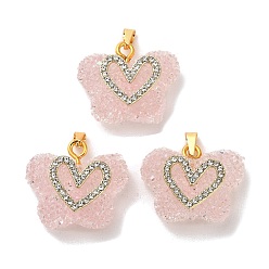 Pink Butterfly with Heart Shape Resin & Rhinestone Pendant, with Rack Plating Golden Brass Findings, Long-Lasting Plated, Pink, 21x24x10mm, Hole: 6x3mm