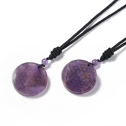 Amethyst Natural Amethyst Flat Round with Flower of Life Pendant Necklace with Nylon Cord for Women, 25.59~27.95 inch(65~71cm)