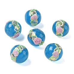 Темно-Голубой Бусины ручной работы золотой фольги стекла, с эмалью, круглый с цветком розы, глубокое синее небо, 16.5~17.5 мм, отверстие : 1.6 мм