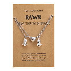 silver Alloy Dinosaur Pendant Heart Magnetic Clasp Couple Necklace Set with Blessing Card