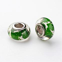 Green Large Hole Rondelle Resin European Beads, with Platinum Tone Brass Double Cores, Christmas, Green, 14x8mm, Hole: 5mm