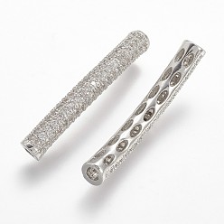 Platinum Brass Micro Pave Cubic Zirconia Tube Beads, Tube, Curved, Clear, Platinum, 31.5x4.2mm, Hole: 2mm