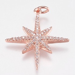 Rose Gold Brass Micro Pave Cubic Zirconia Pendants, Star, Rose Gold, 25x23x3mm, Hole: 3mm