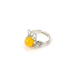 Citrine Natural Citrine Adjustable Ring, Cat Shape Platinum Brass Wire Wraped Ring, Wide: 8mm