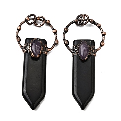 Обсидиан Большие подвески в форме меча из натурального обсидиана и аметиста, с медными кольцами, Красная медь, 66~73x30~31x11.5~12 мм, отверстие : 6 мм