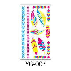 Feather Neon Fluorescent Removable Waterproof Temporary Tattoo Paper Stickers, Glow In The Dark, Mandala Style, Feather Pattern, 17.2x9.6cm