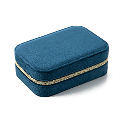 Prussian Blue Rectangle Velvet Jewelry Storage Zipper Boxes, Portable Travel Case, for Necklace, Ring Earring Holder, Gift for Women, Prussian Blue, 11x15x5.5cm