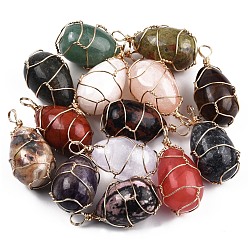 Light Gold Natural & Synthetic Mixed Gemstone Pendants, with Brass Wire Wrapped, Egg Shape Charm, Light Gold, 41.5~43.5x20~21x20~21mm, Hole: 4~5.5mm
