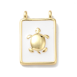 Tortoise Rack Plating Brass Connector Charms, Rectangle Links with White Enamel, Lead Free & Cadmium Free, Long-Lasting Plated, Real 18K Gold Plated, Tortoise, 18x11.5x2mm, Hole: 1.5mm