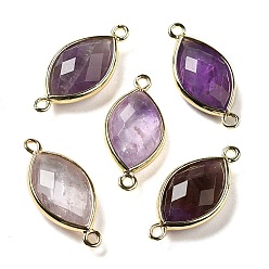 Amethyst Natural Amethyst Faceted Connector Charms, Rack Plating Brass Horse Eye Links, Golden, 25x11.5x5.5mm, Hole: 1.6mm