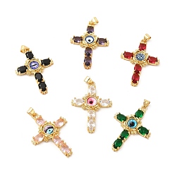 Mixed Color Rack Plating Brass Pendants, with Glass Cubic Zirconia, Resin Eye, Religion Cross Charm, Cadmium Free & Lead Free, Long-Lasting Plated, Mixed Color, 38x27x5mm, Hole: 5x3mm