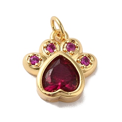 Fuchsia Rack Plating Brass Pave Cubic Zirconia Charms, with Glass & Jump Ring, Lead Free & Cadmium Free, Real 18K Gold Plated, Long-Lasting Plated, Cat's Paw Print Charm, Fuchsia, 14x13x4mm, Hole: 3.4mm