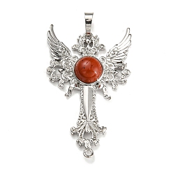 Red Jasper Natural Red Jasper Big Pendants, Cross with Wing Charms, with Platinum Plated Brass Findings, 52.5x32x7~7.5mm, Hole: 4x8mm & 2mm